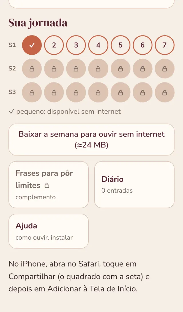 Tela do app com a jornada: os 21 dias divididos em 3 semanas, a primeira liberada.