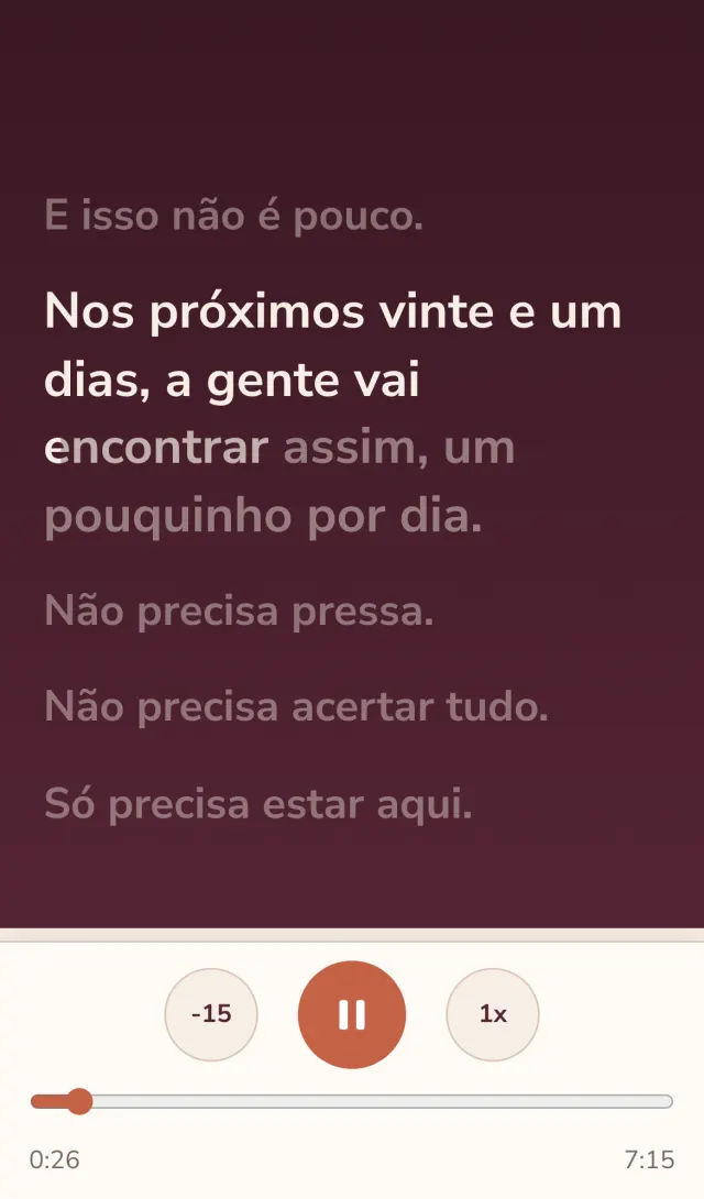 Tela do app tocando o áudio do Dia 1, com o texto acompanhando a voz.