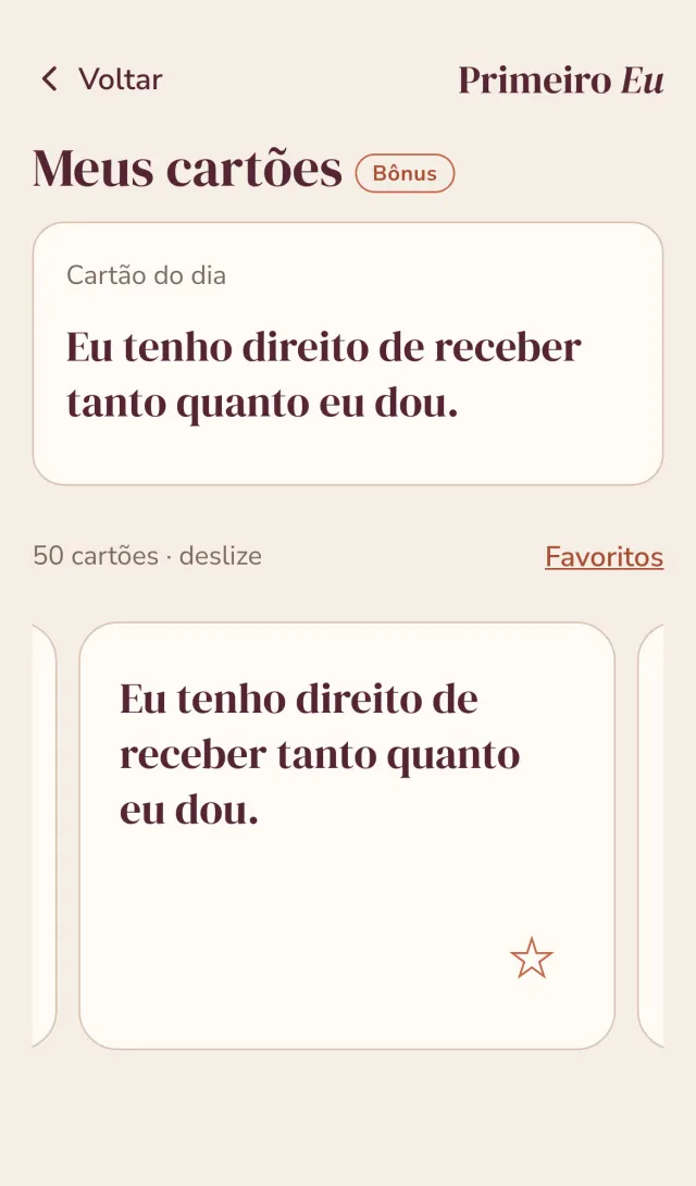 Tela do app com os cartões “Eu tenho direito de…”.